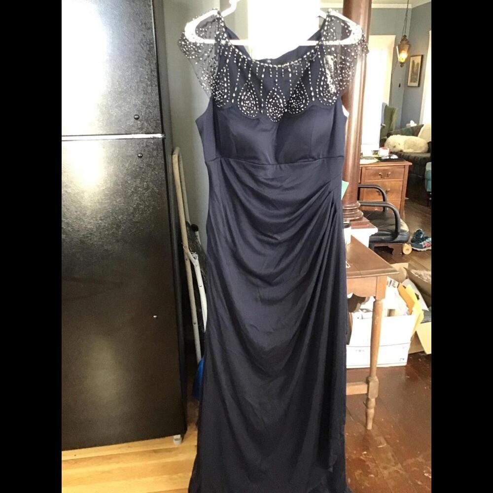 Navy Beaded Illusion Evening Gown